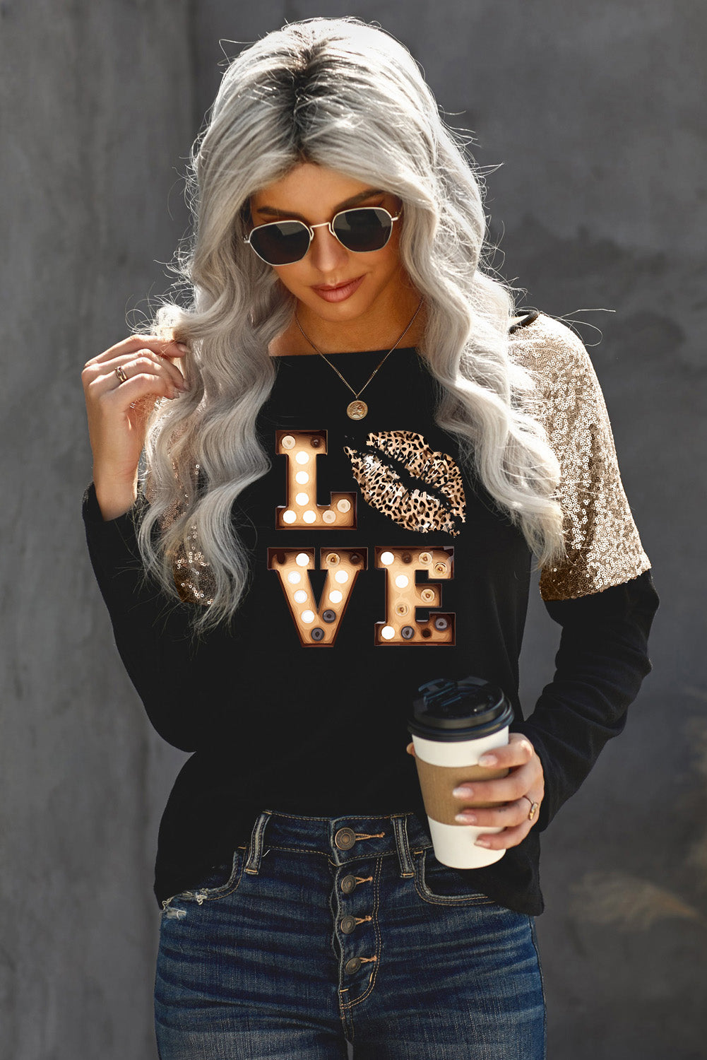 LOVE Graphic Sequin Long Sleeve T-Shirt BLUE ZONE PLANET