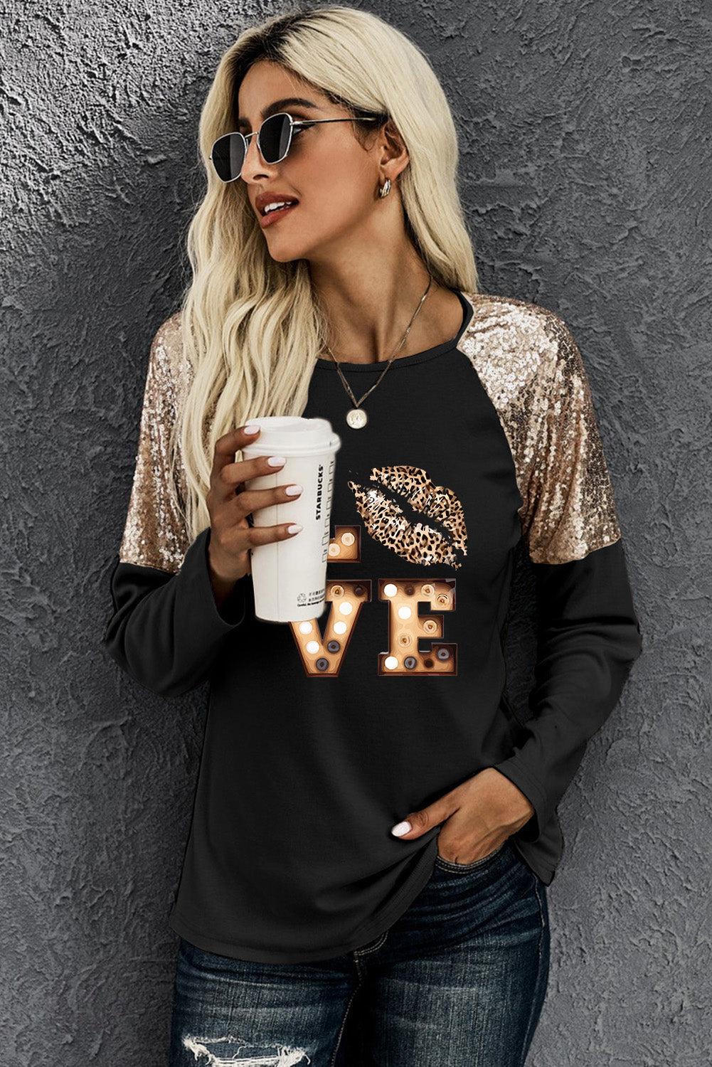 LOVE Graphic Sequin Long Sleeve T-Shirt BLUE ZONE PLANET