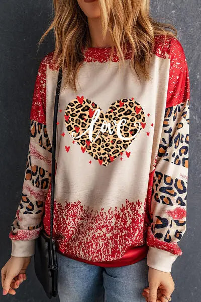 LOVE Heart Leopard Round Neck Sweatshirt BLUE ZONE PLANET