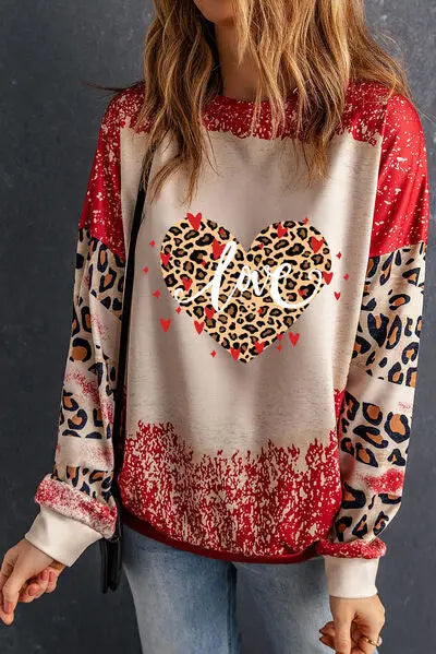 LOVE Heart Leopard Round Neck Sweatshirt BLUE ZONE PLANET