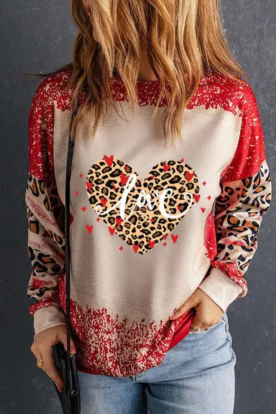 LOVE Heart Leopard Round Neck Sweatshirt BLUE ZONE PLANET