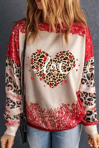 LOVE Heart Leopard Round Neck Sweatshirt BLUE ZONE PLANET