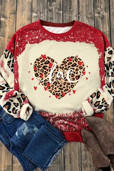 LOVE Heart Leopard Round Neck Sweatshirt BLUE ZONE PLANET