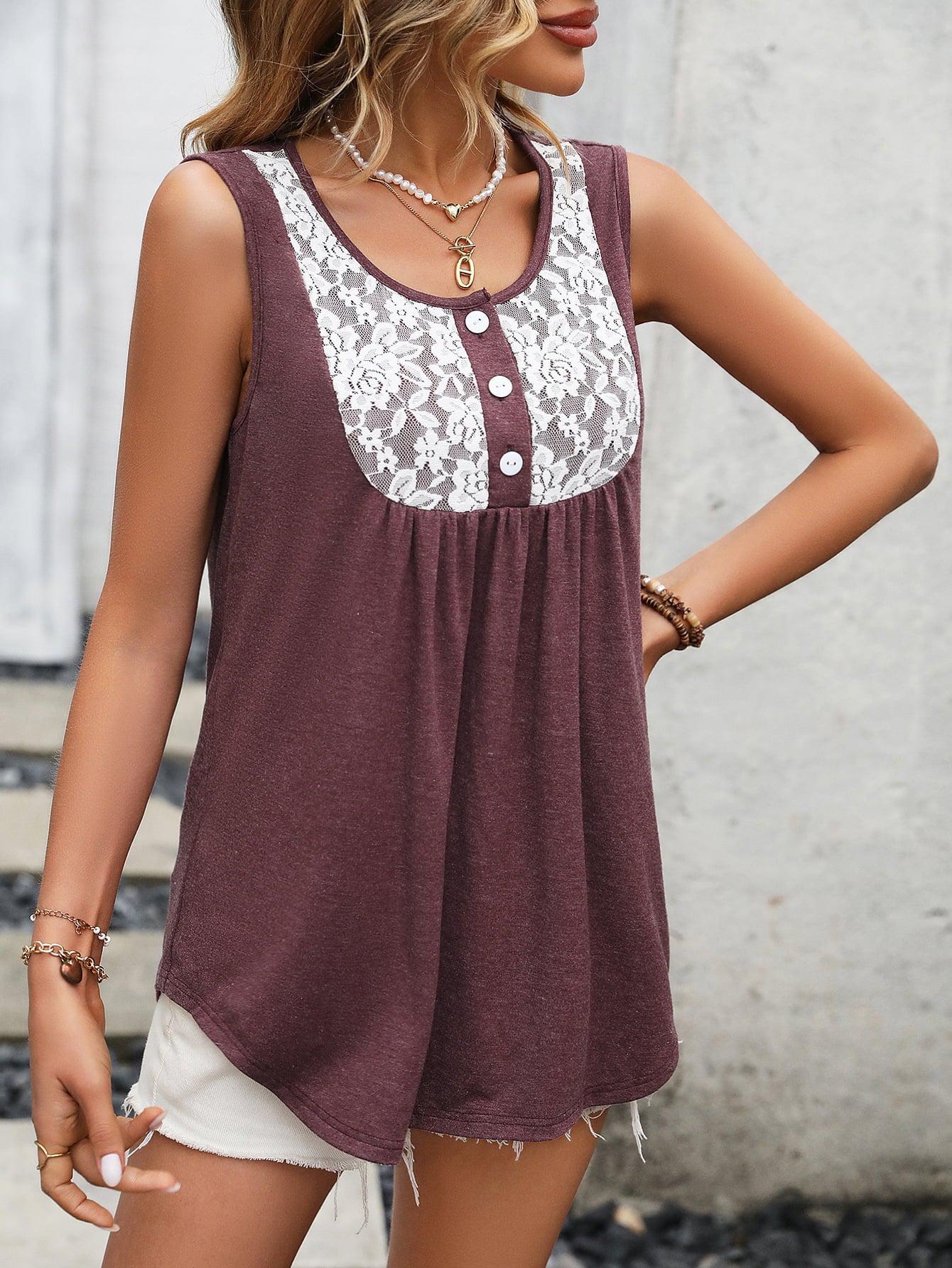 Lace Contrast Scoop Neck Tank BLUE ZONE PLANET