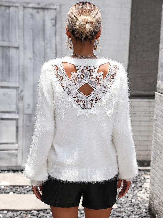 Lace Detail Cutout Long Sleeve Pullover Sweater BLUE ZONE PLANET