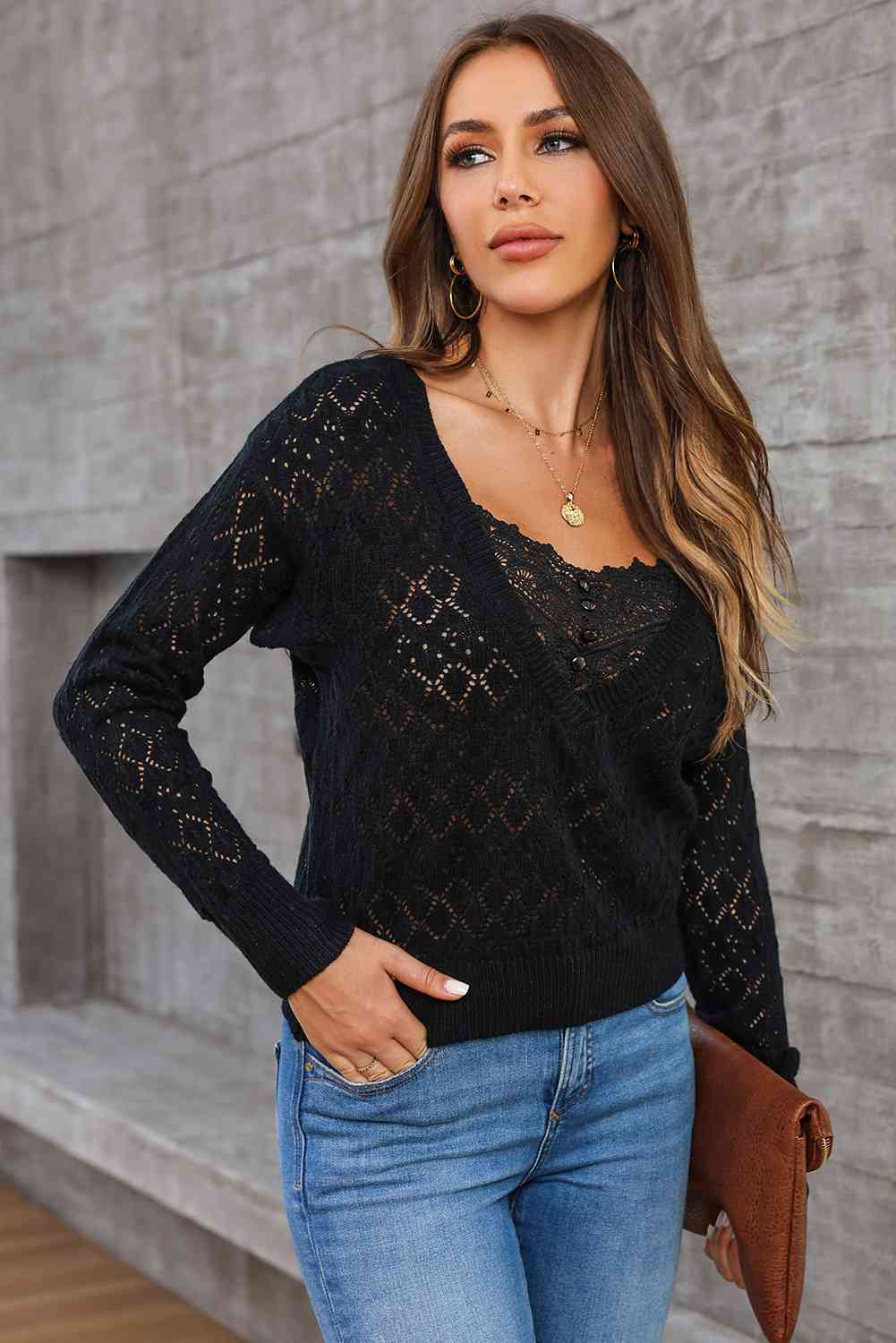 Lace Detail Openwork Knit Top BLUE ZONE PLANET