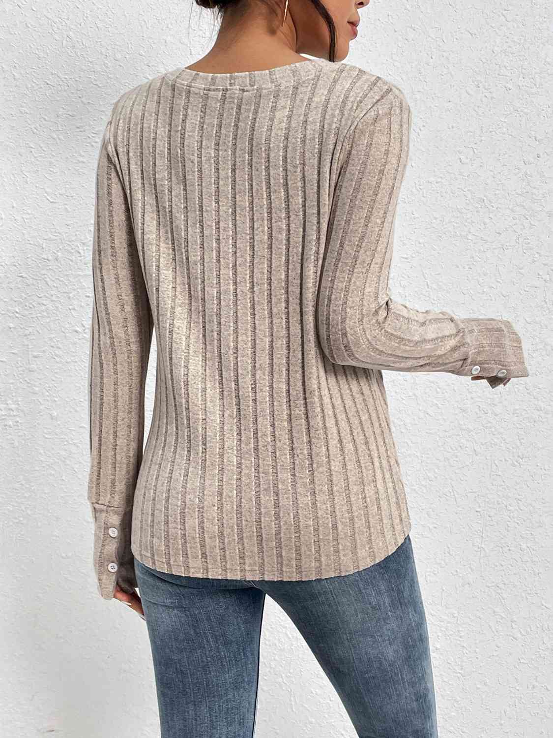 Lace Detail Ribbed V-Neck Long Sleeve Top-TOPS / DRESSES-[Adult]-[Female]-2022 Online Blue Zone Planet