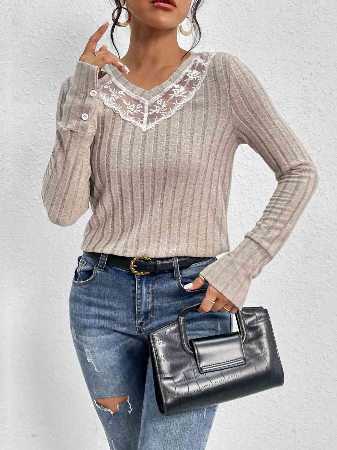 Lace Detail Ribbed V-Neck Long Sleeve Top-TOPS / DRESSES-[Adult]-[Female]-2022 Online Blue Zone Planet