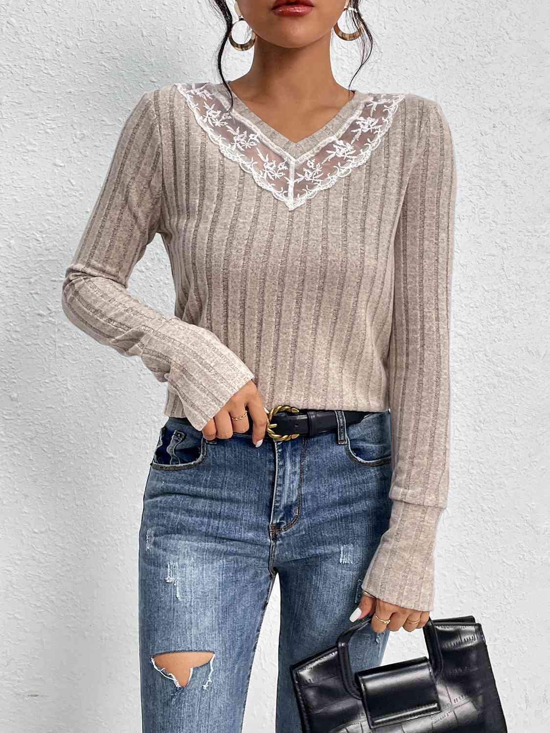 Lace Detail Ribbed V-Neck Long Sleeve Top-TOPS / DRESSES-[Adult]-[Female]-2022 Online Blue Zone Planet