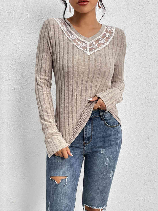 Lace Detail Ribbed V-Neck Long Sleeve Top-TOPS / DRESSES-[Adult]-[Female]-Mocha-S-2022 Online Blue Zone Planet