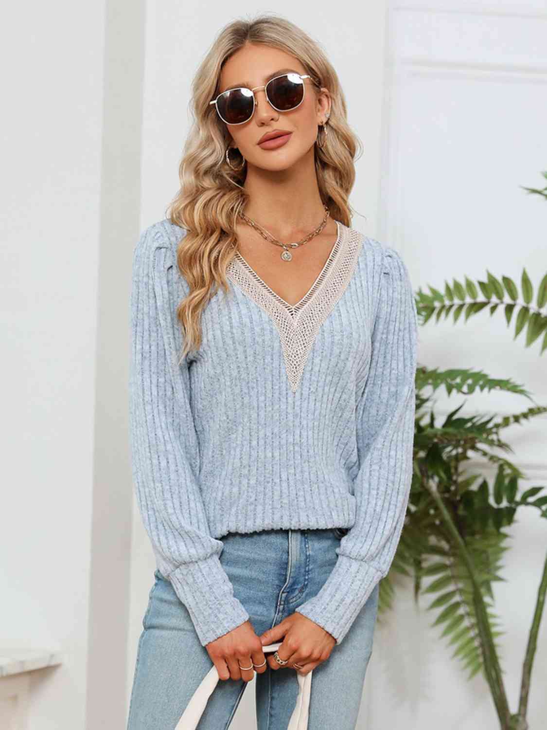 Lace Detail V-Neck Ribbed Blouse BLUE ZONE PLANET