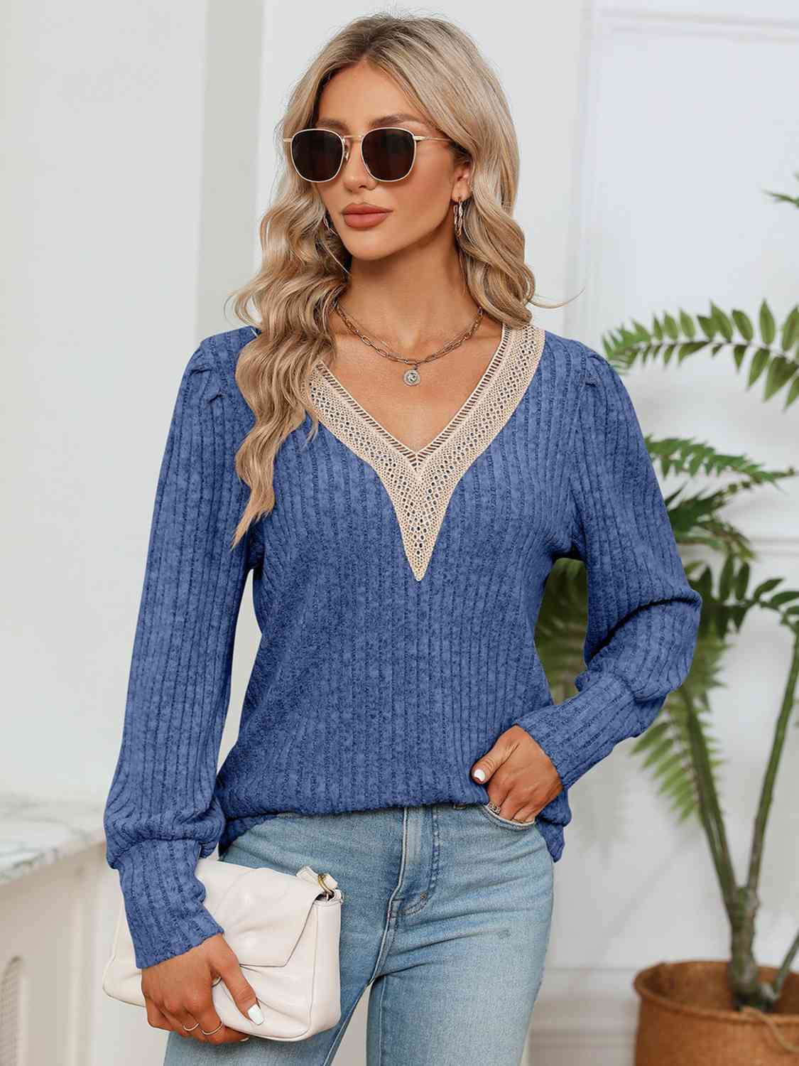 Lace Detail V-Neck Ribbed Blouse BLUE ZONE PLANET