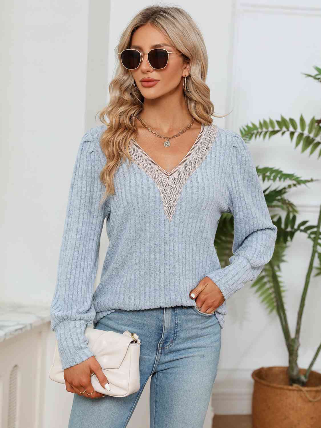 Lace Detail V-Neck Ribbed Blouse BLUE ZONE PLANET