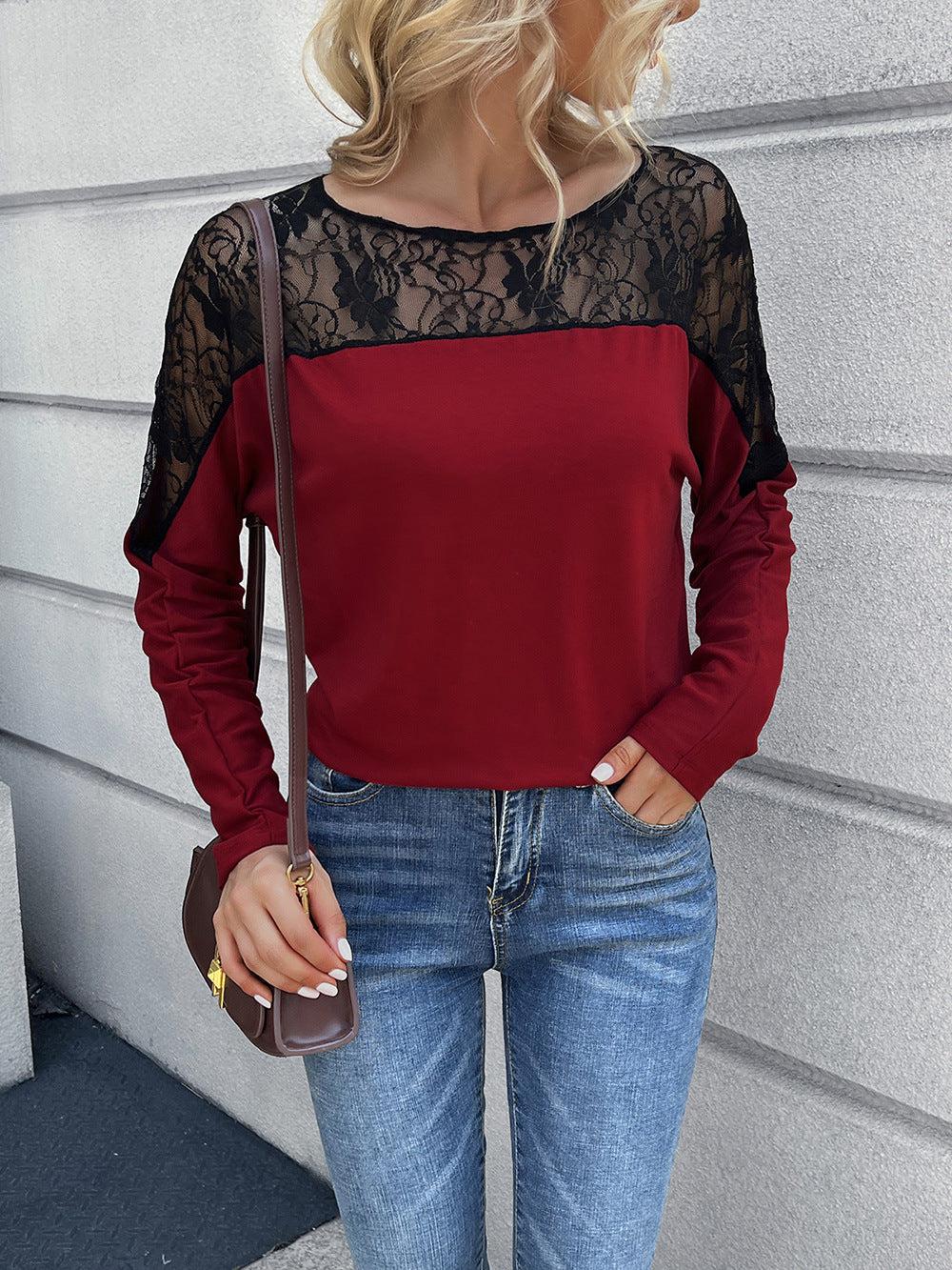 Lace Long Sleeve Round Neck Tee BLUE ZONE PLANET