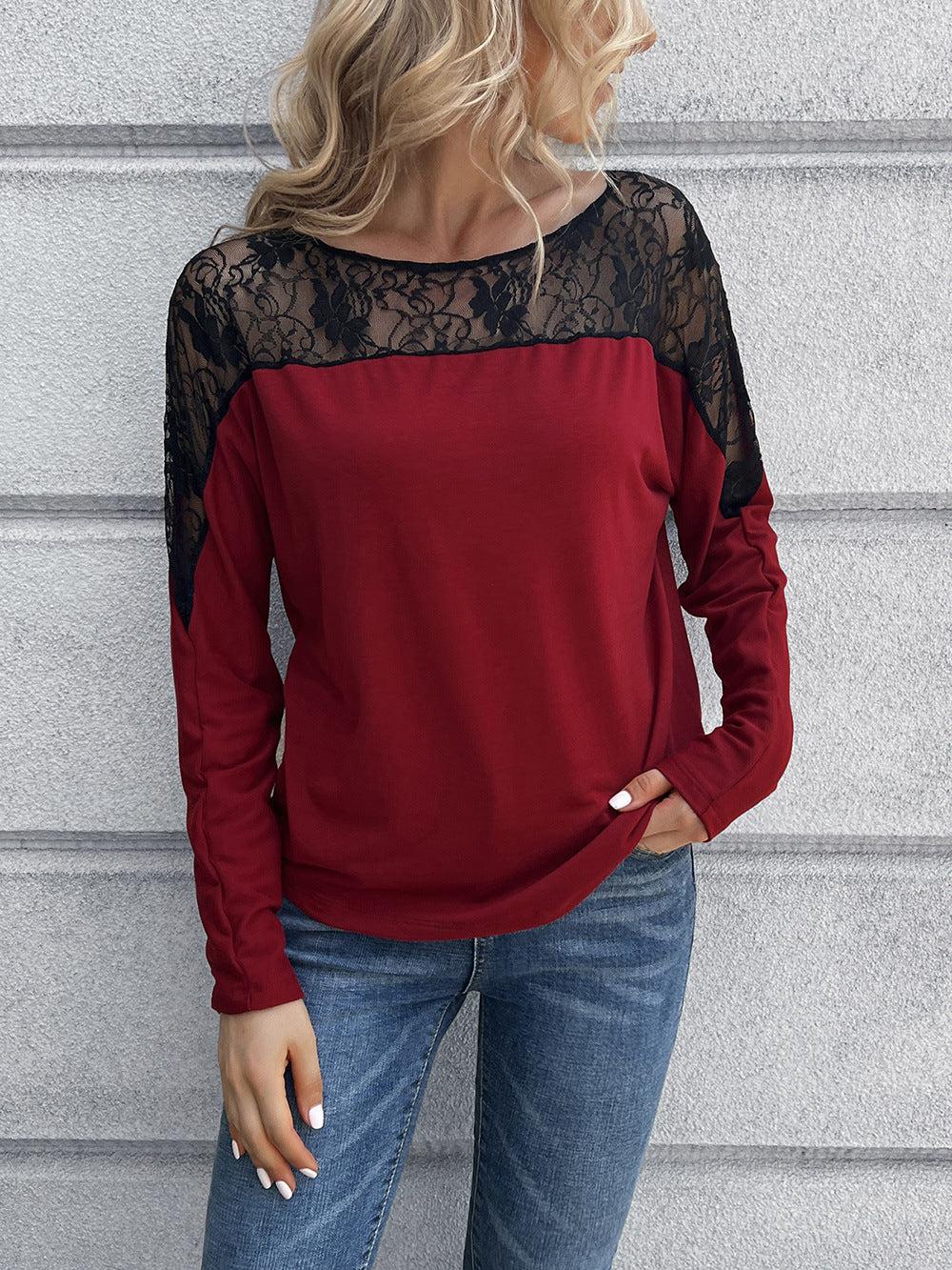 Lace Long Sleeve Round Neck Tee BLUE ZONE PLANET