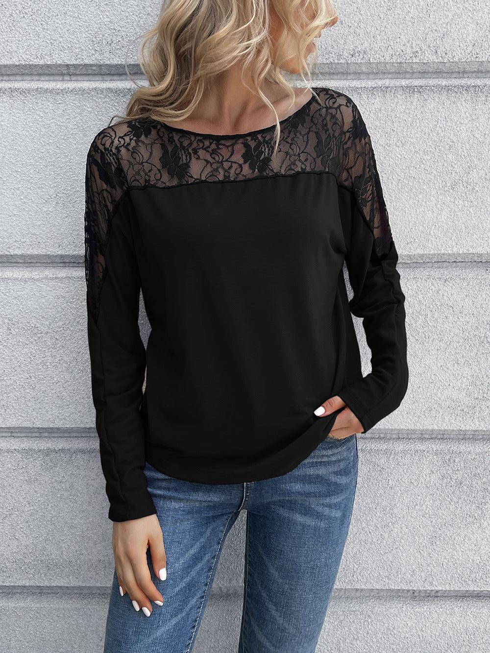 Lace Long Sleeve Round Neck Tee BLUE ZONE PLANET