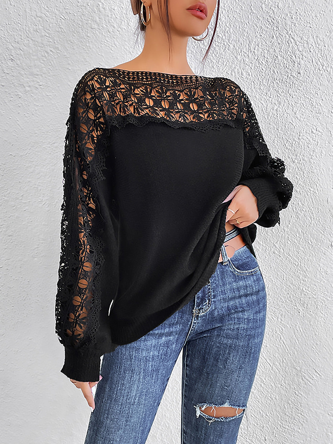 Lace Trim Boat Neck Knit Top BLUE ZONE PLANET