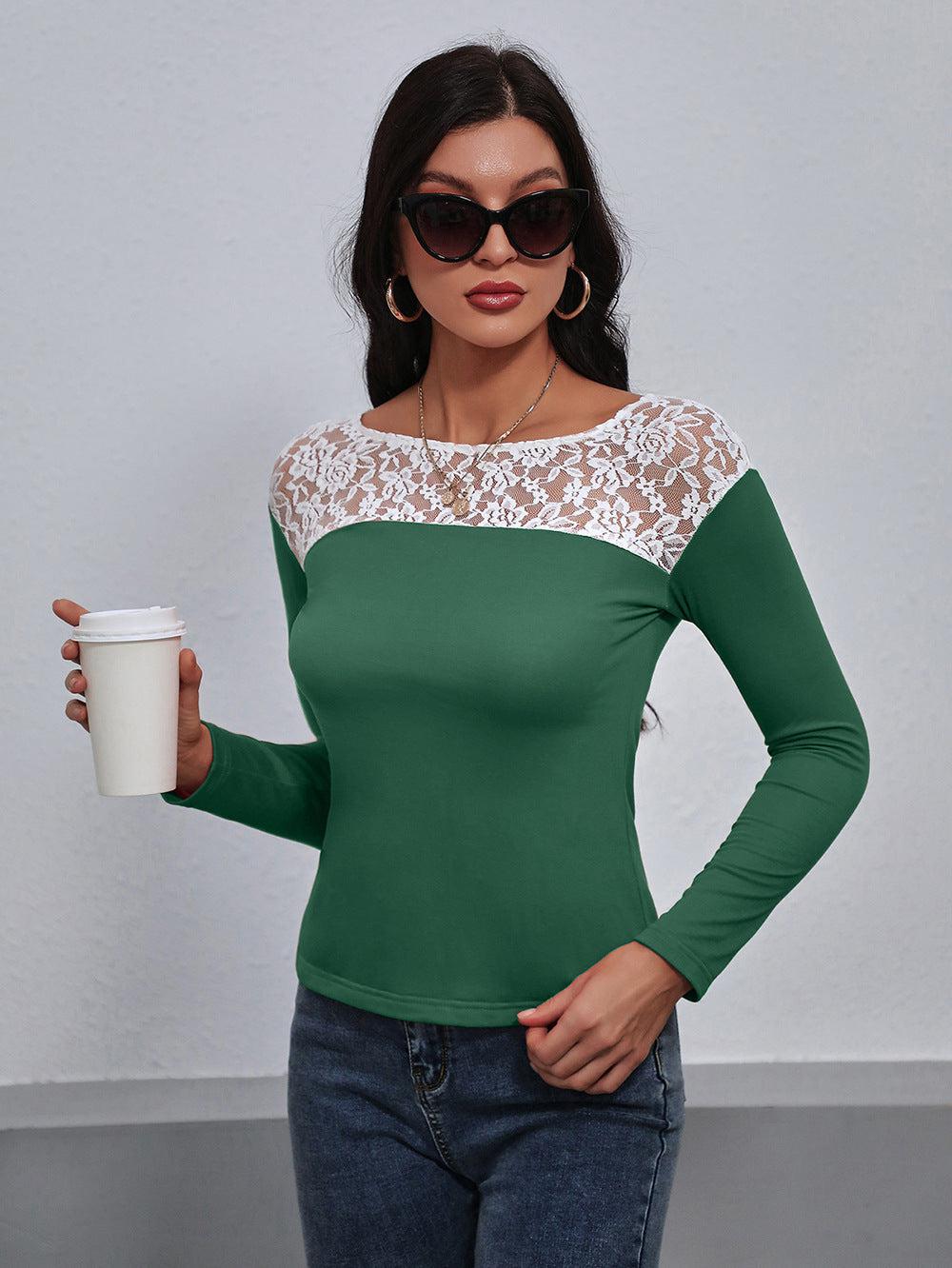 Lace Trim Long Sleeve Round Neck Tee BLUE ZONE PLANET