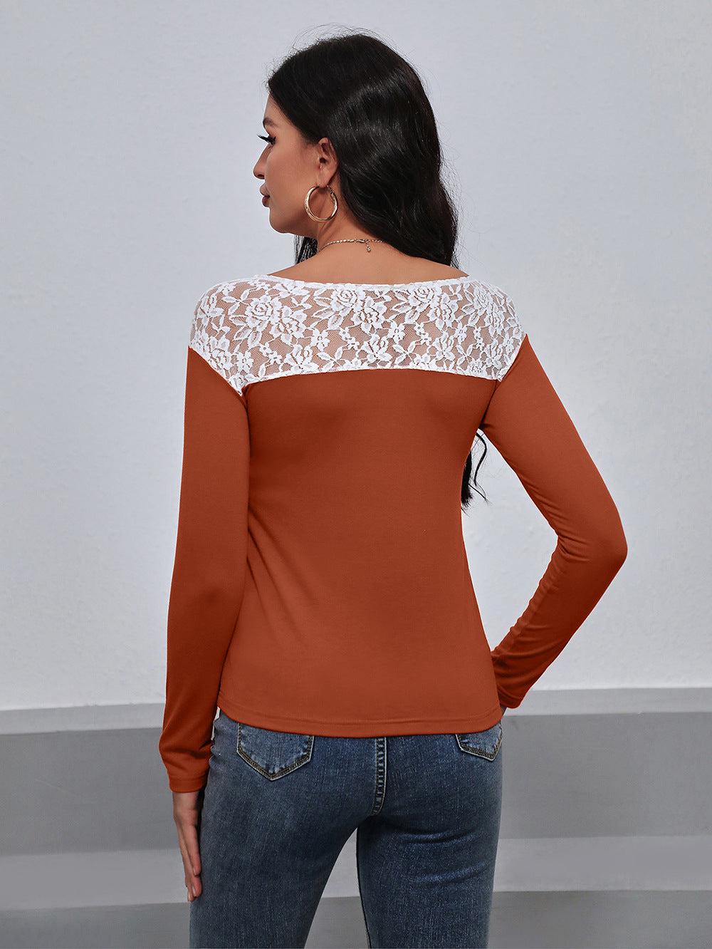 Lace Trim Long Sleeve Round Neck Tee BLUE ZONE PLANET