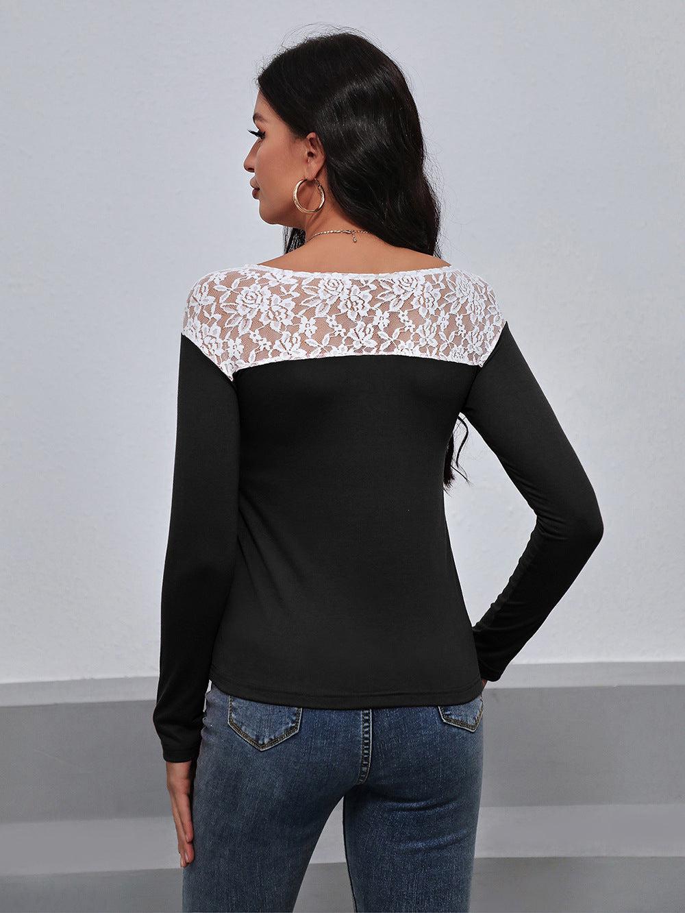 Lace Trim Long Sleeve Round Neck Tee BLUE ZONE PLANET