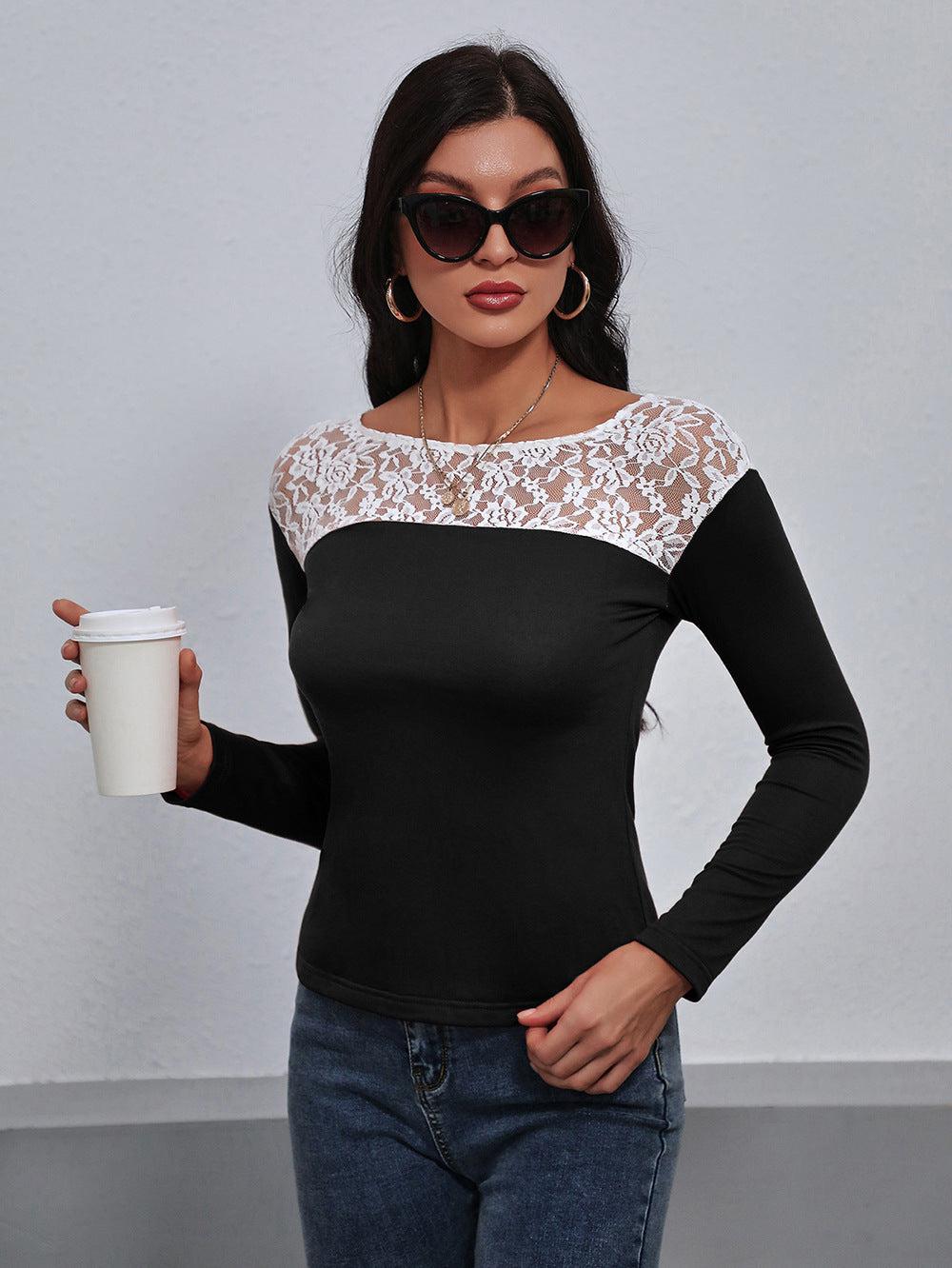 Lace Trim Long Sleeve Round Neck Tee BLUE ZONE PLANET