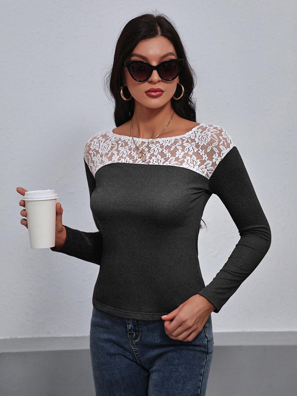 Lace Trim Long Sleeve Round Neck Tee BLUE ZONE PLANET