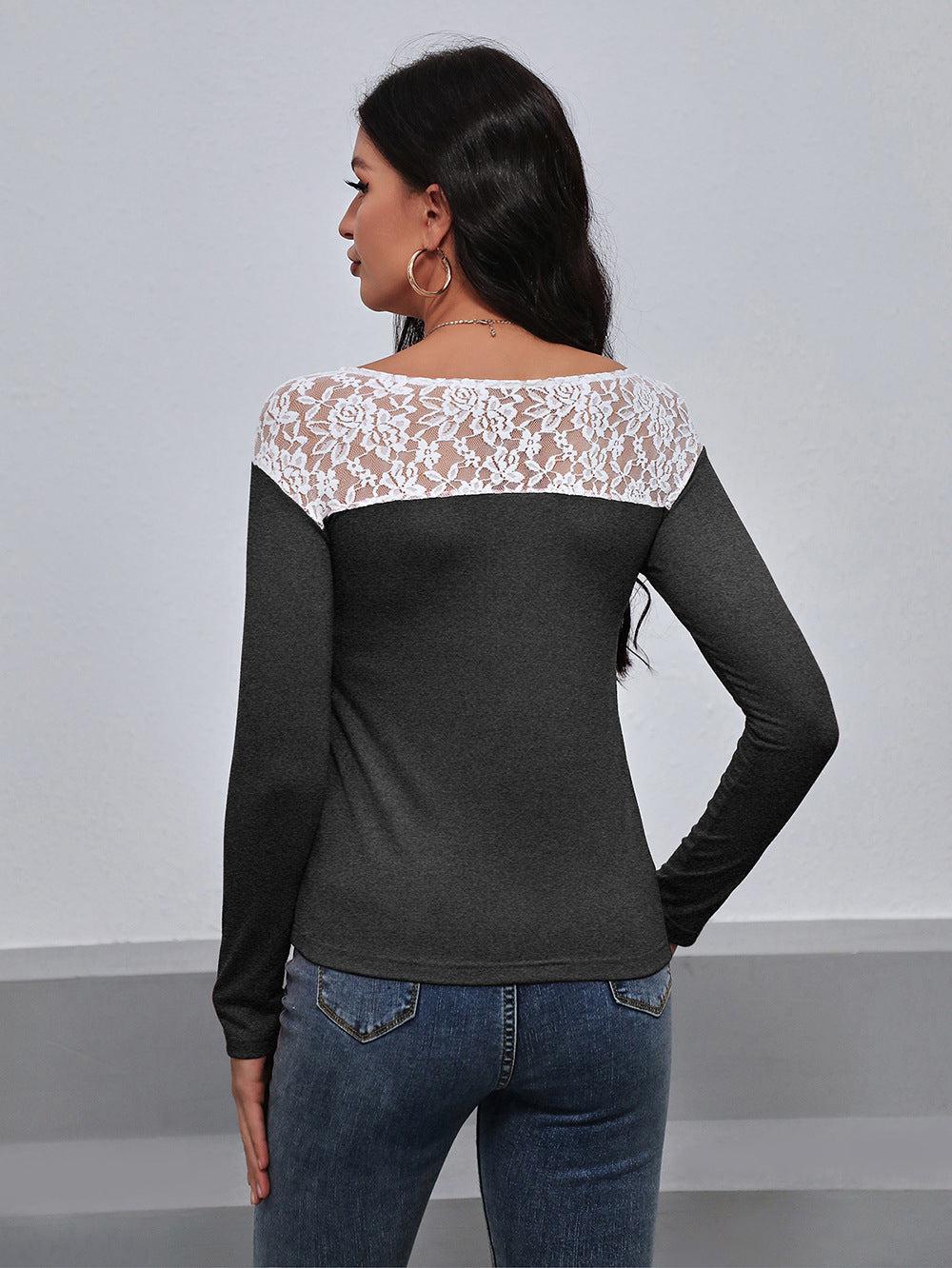 Lace Trim Long Sleeve Round Neck Tee BLUE ZONE PLANET