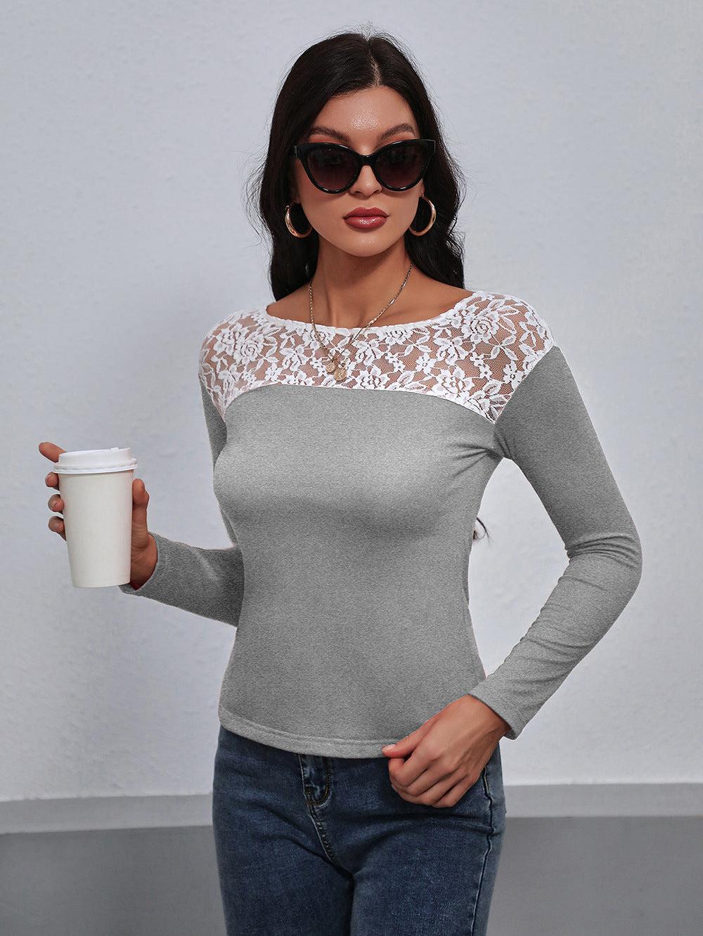 Lace Trim Long Sleeve Round Neck Tee BLUE ZONE PLANET