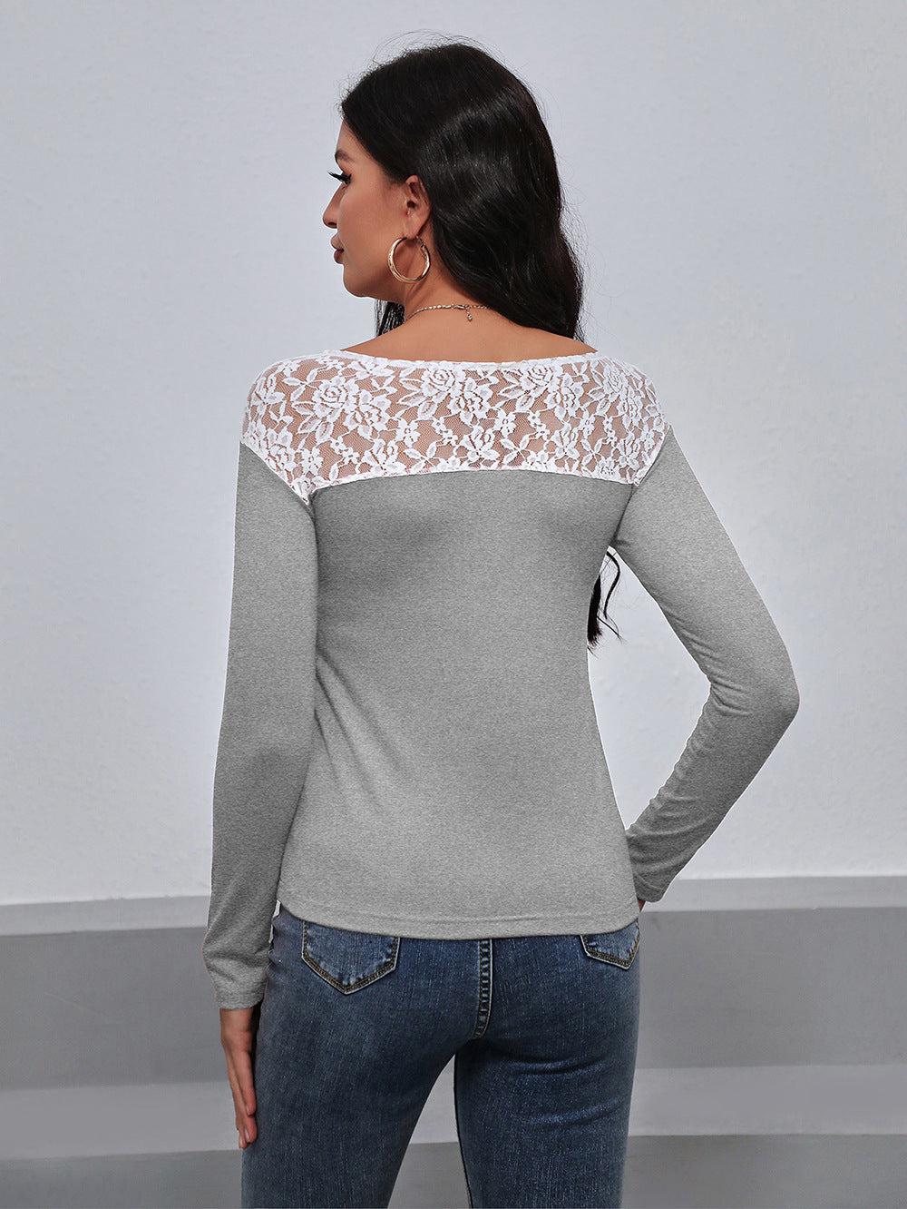 Lace Trim Long Sleeve Round Neck Tee BLUE ZONE PLANET