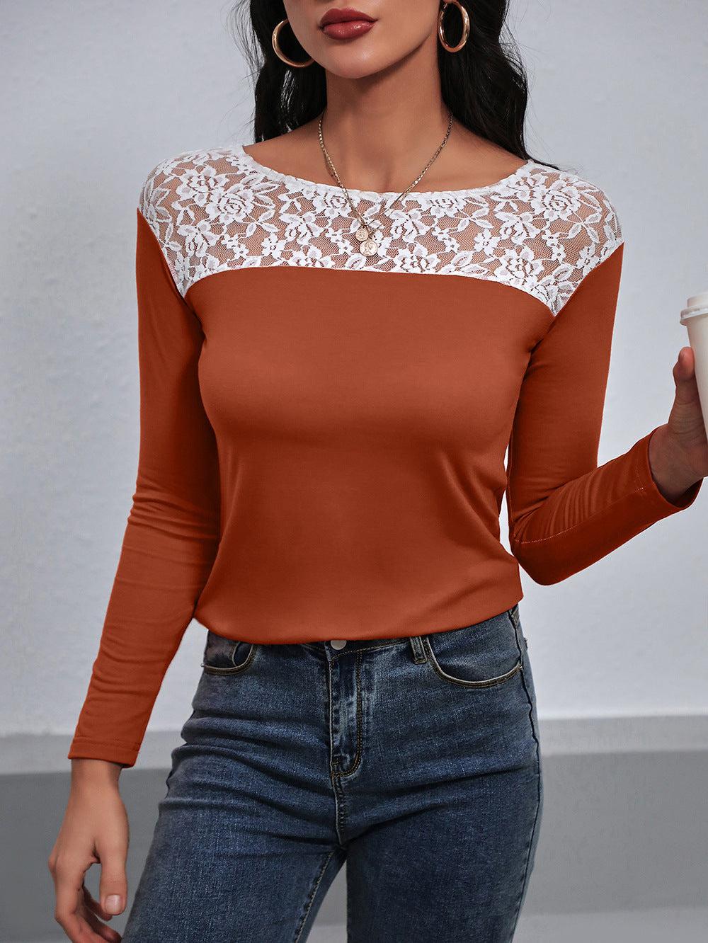 Lace Trim Long Sleeve Round Neck Tee BLUE ZONE PLANET