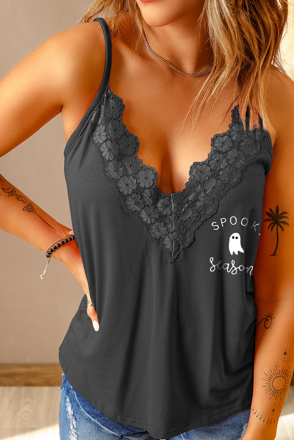 Lace Trim SPOOKY SEASON Graphic Cami BLUE ZONE PLANET