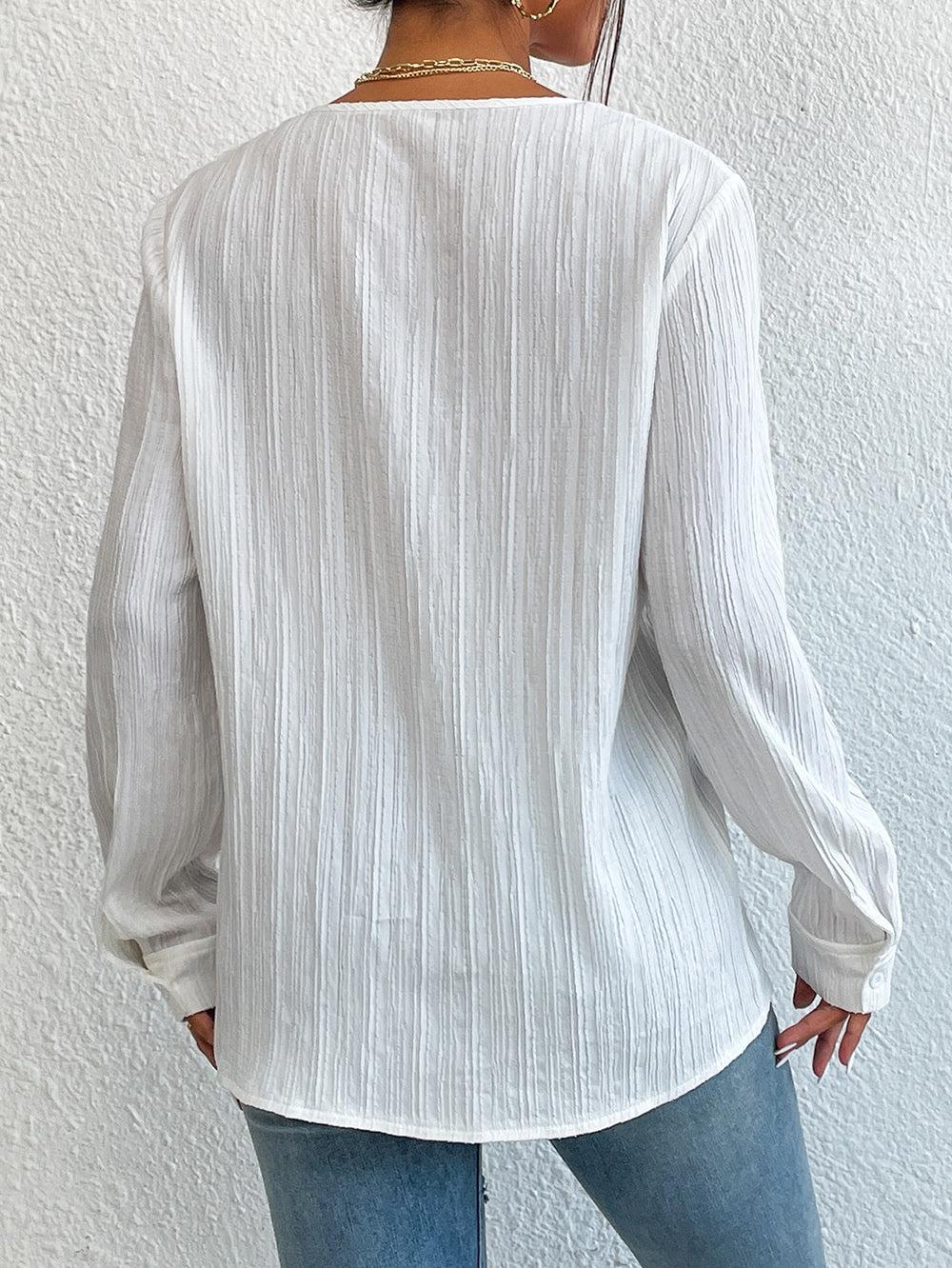 Lace Trim V-Neck Long Sleeve Shirt BLUE ZONE PLANET