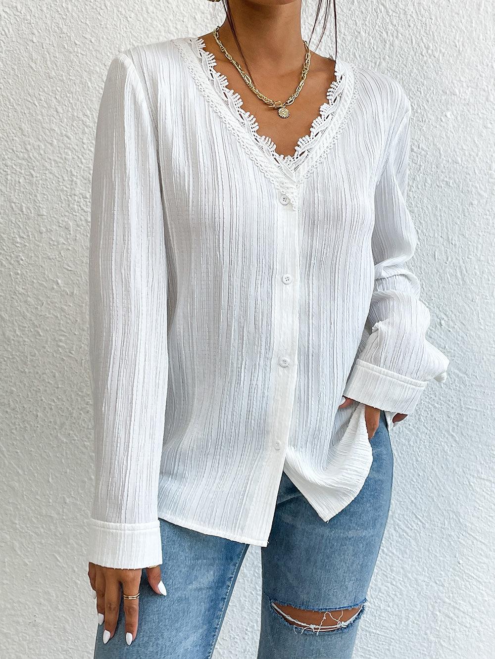 Lace Trim V-Neck Long Sleeve Shirt BLUE ZONE PLANET