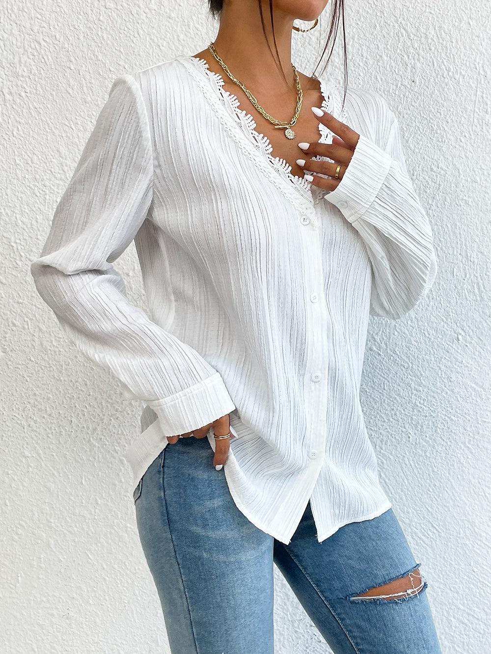 Lace Trim V-Neck Long Sleeve Shirt BLUE ZONE PLANET