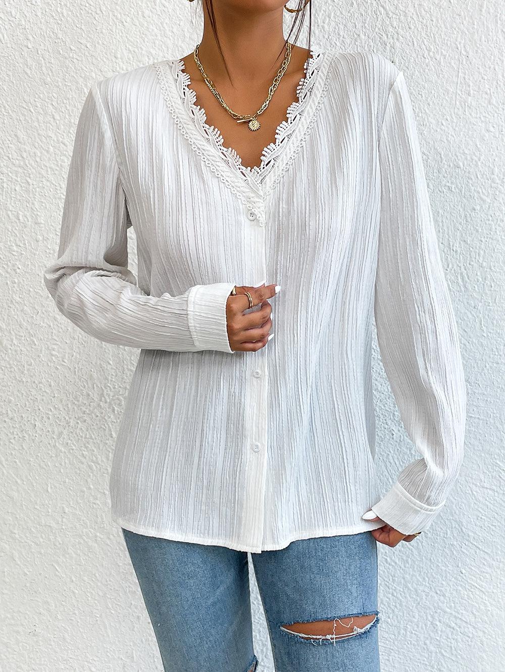 Lace Trim V-Neck Long Sleeve Shirt BLUE ZONE PLANET