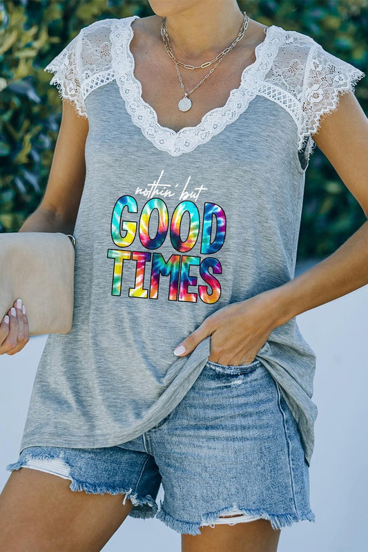 Lace Trim V-Neck NOTHIN BUT GOOD TIMES Graphic Tee BLUE ZONE PLANET