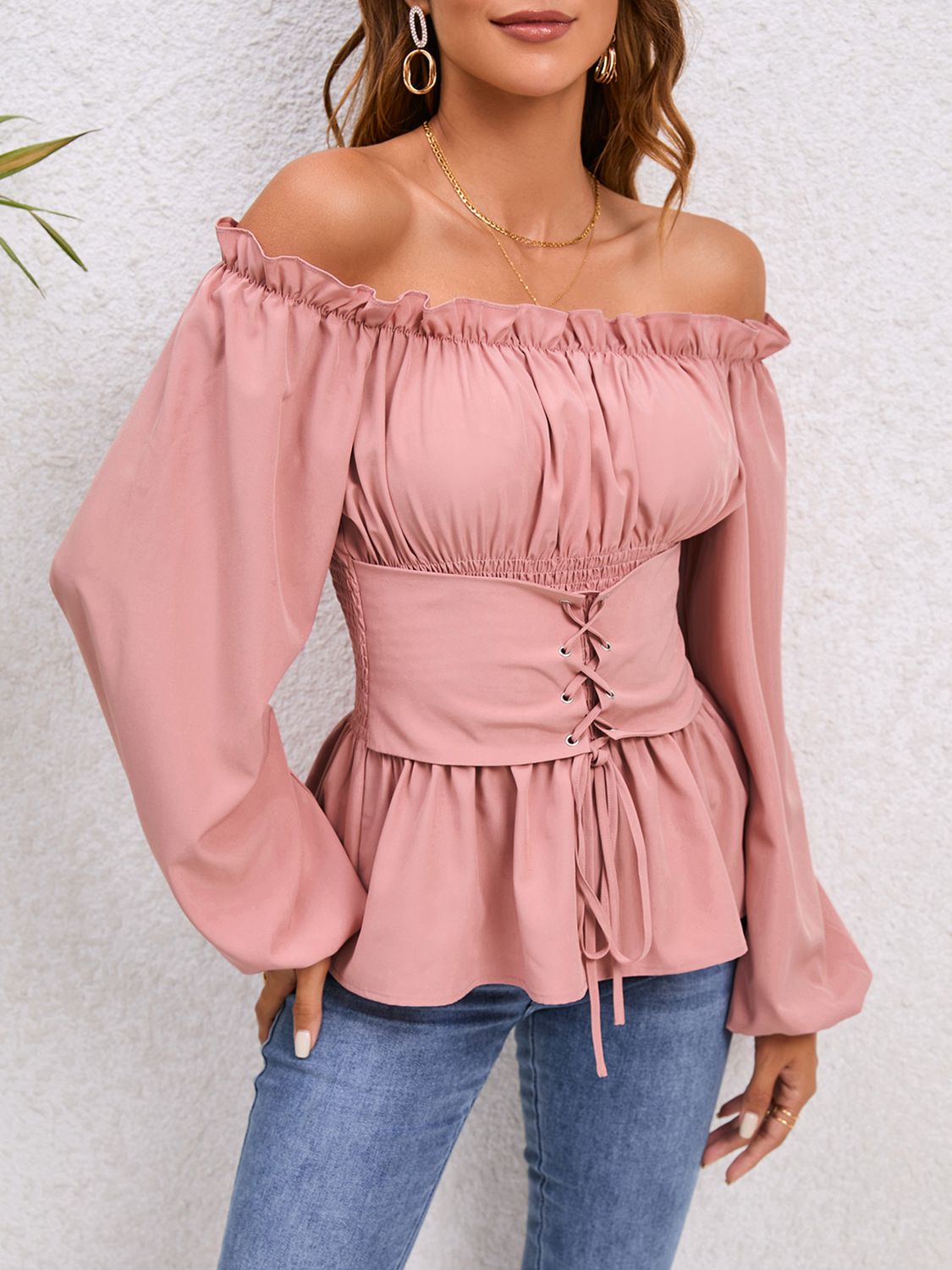 Lace-Up Balloon Sleeve Off-Shoulder Blouse BLUE ZONE PLANET