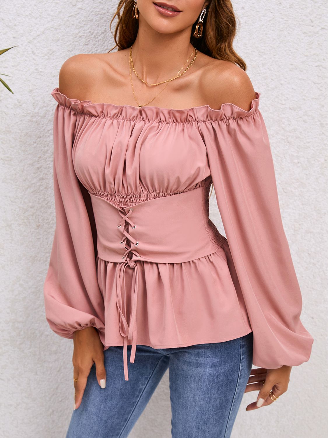 Lace-Up Balloon Sleeve Off-Shoulder Blouse BLUE ZONE PLANET