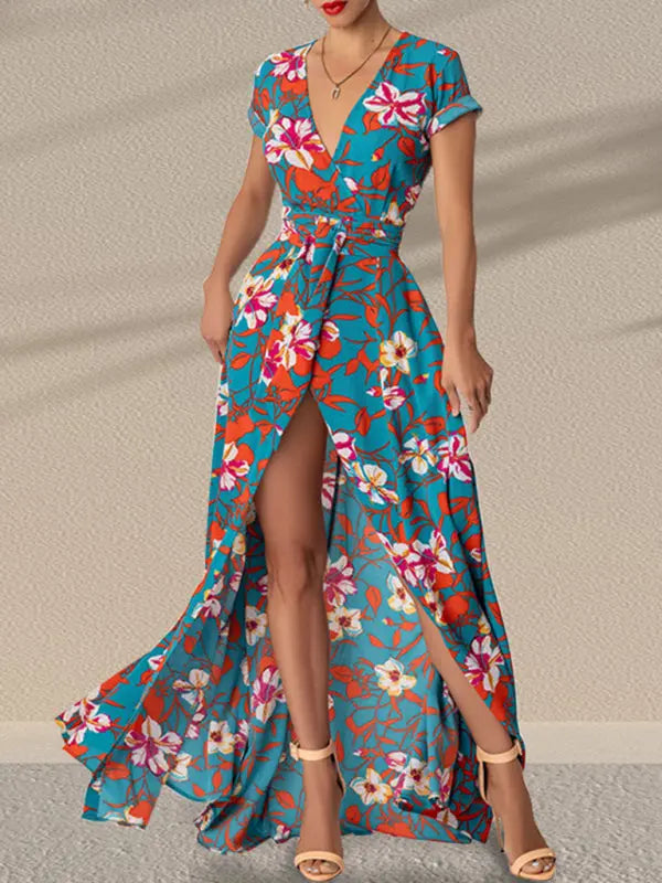 Lace-Up Printed Waist Slit Dress BLUE ZONE PLANET