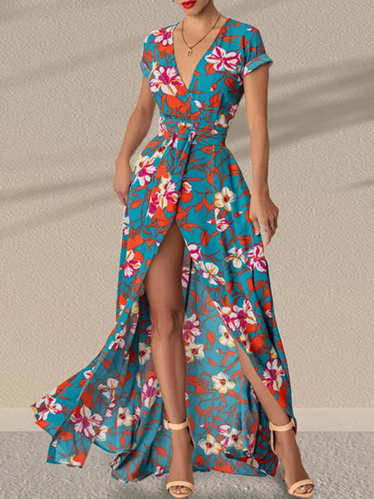 Lace-Up Printed Waist Slit Dress BLUE ZONE PLANET