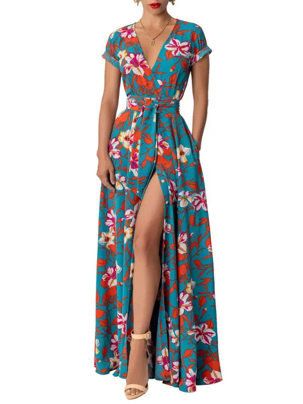 Lace-Up Printed Waist Slit Dress BLUE ZONE PLANET