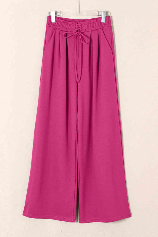 Lace-Up Wide Leg Pants with Pockets-TOPS / DRESSES-[Adult]-[Female]-Hot Pink-S-2022 Online Blue Zone Planet