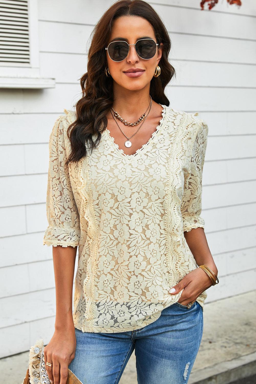 Lace V-Neck Flounce Sleeve Top BLUE ZONE PLANET