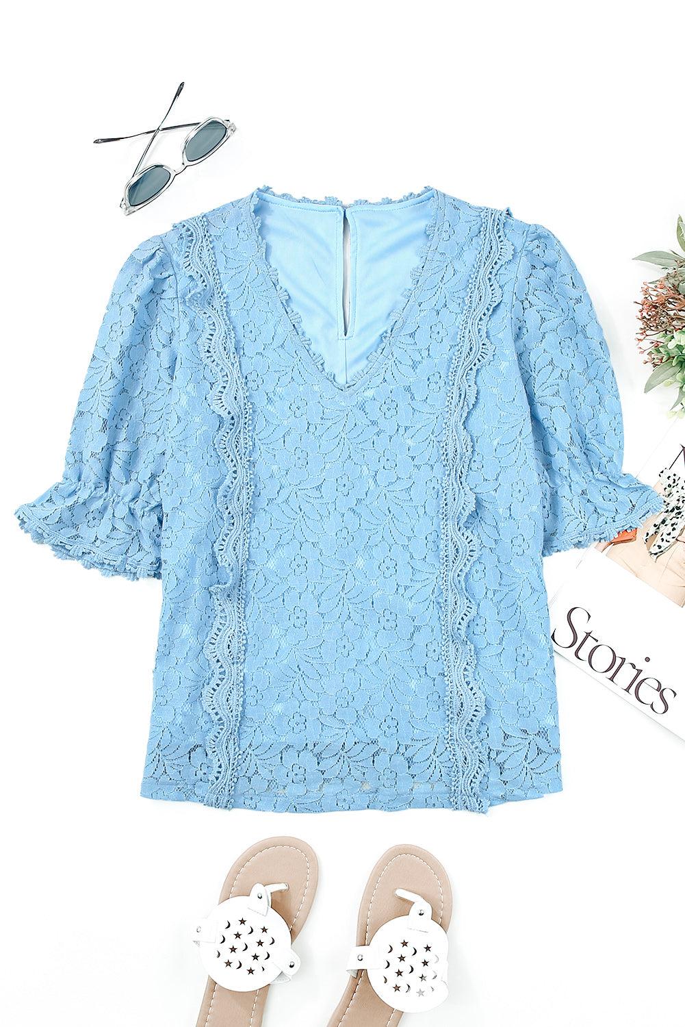 Lace V-Neck Flounce Sleeve Top BLUE ZONE PLANET