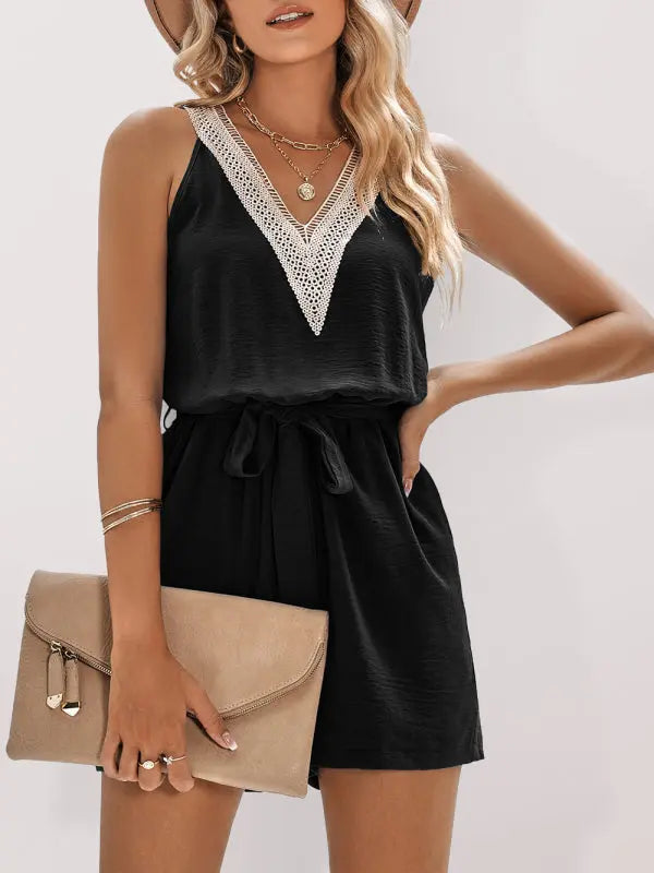 Lace V-Neck Sleeveless Belt Jumpsuit kakaclo