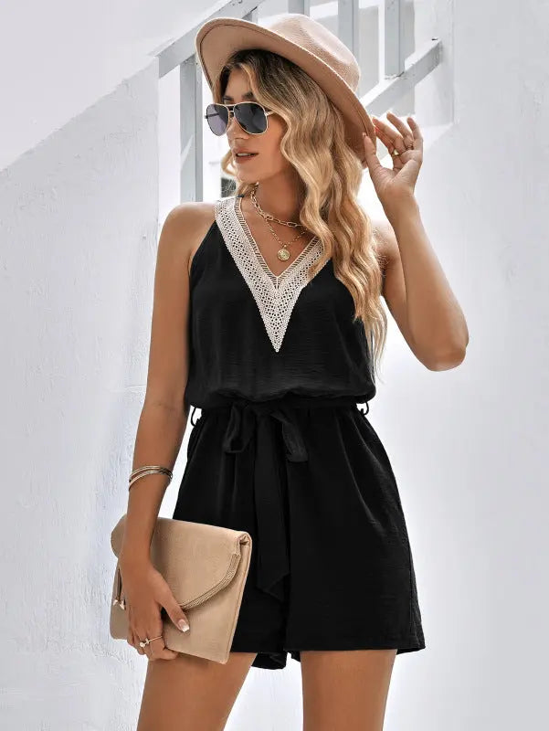 Lace V-Neck Sleeveless Belt Jumpsuit kakaclo