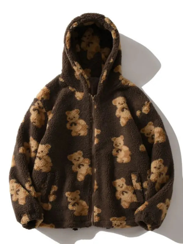 Ladies Hooded Thick Casual Cartoon Pattern Bear Zipper Pocket Plush Sweater kakaclo