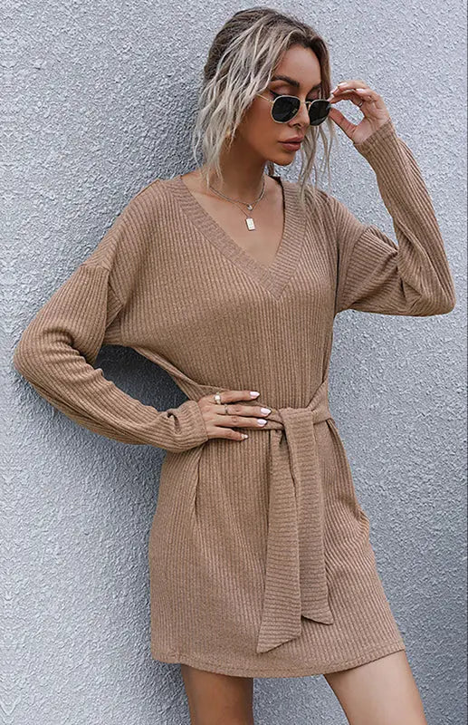 Ladies Long Sleeve Solid Color V-Neck Knit Sweater Dress BLUE ZONE PLANET