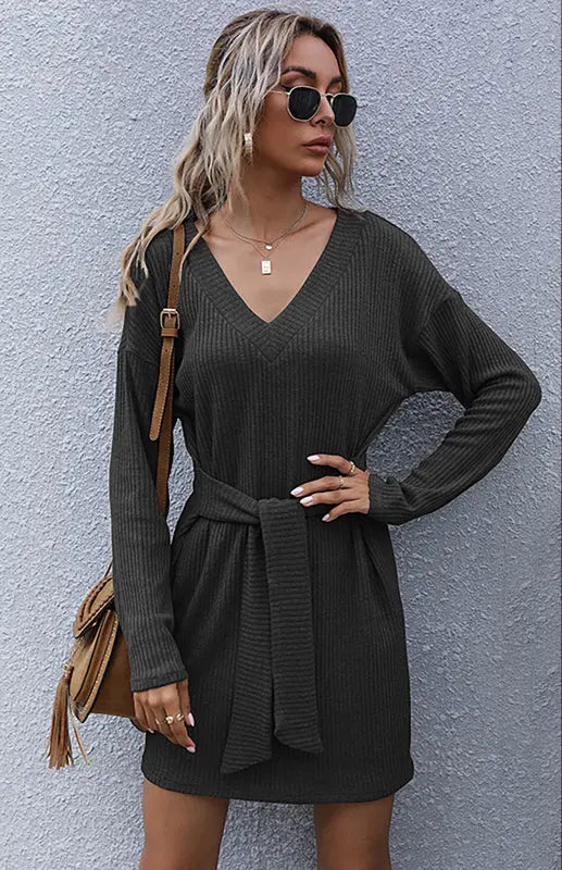 Ladies Long Sleeve Solid Color V-Neck Knit Sweater Dress BLUE ZONE PLANET