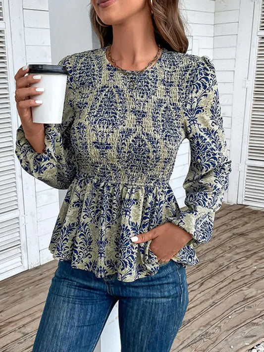 Ladies New Round Neck Elegant Slim Long Sleeve Print kakaclo